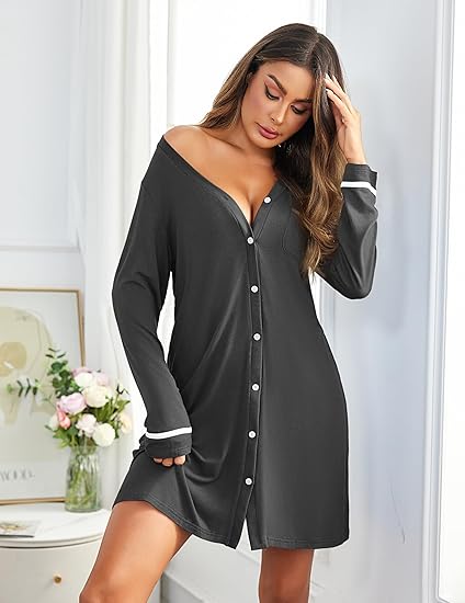 Ekouaer Womens Nightgown V-Neck Sleepwear Long Slevee Button Down Nightshirt