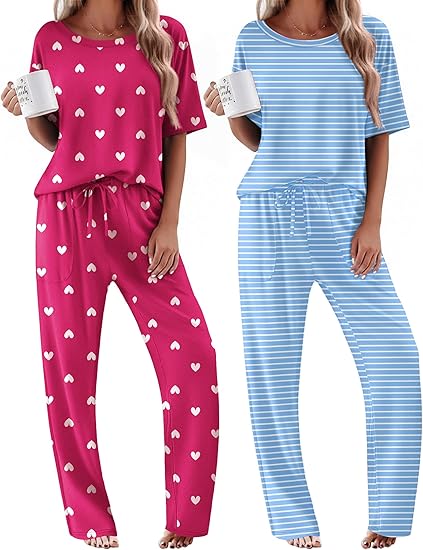Ekouaer 2 Pack Womens Pajama Sets Short Sleeve Tops and Long Pants Casual Comfy Pjs Lounge Set with Pockets