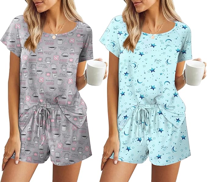 Ekouaer 2 Pack Womens Pajama Sets Short Sleeve Sleepwear Soft Crew Neck Pj Shorts Set Printed Loungewear Set
