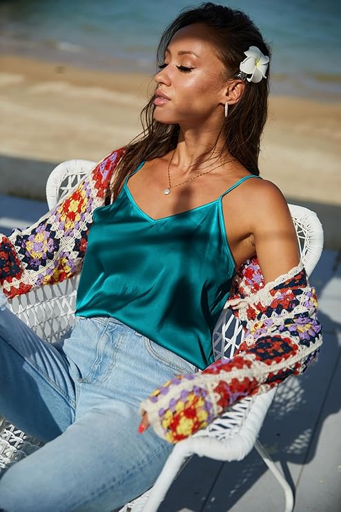 Ekouaer Women's 2 Pcs Satin Camisole Silky Pajama Tank Tops V Neck Soft Spaghetti Strap Loose Basic Sleepwear