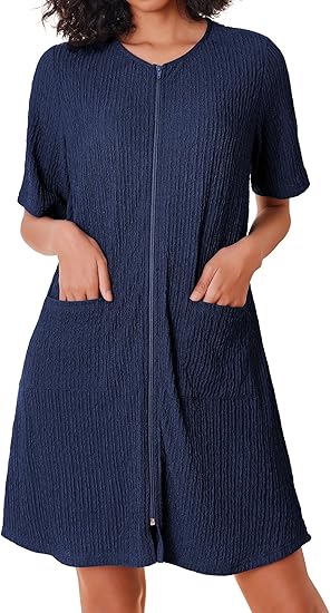 Ekouaer Women Zipper Robes Knit Short Bathrobe Lightweight House Coat with Pockets Soft Nightgown