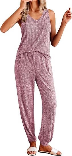 Ekouaer Women's Pajamas Sleeveless Summer Lounge Set Ribbed Knit Pj Loungewear Soft Tank Sleepwear Nightwear