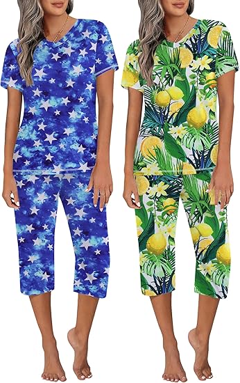 Ekouaer 2 Pack Women's Pajamas Short Sleeve Sleepwear Tops and Capri Pants Pjs