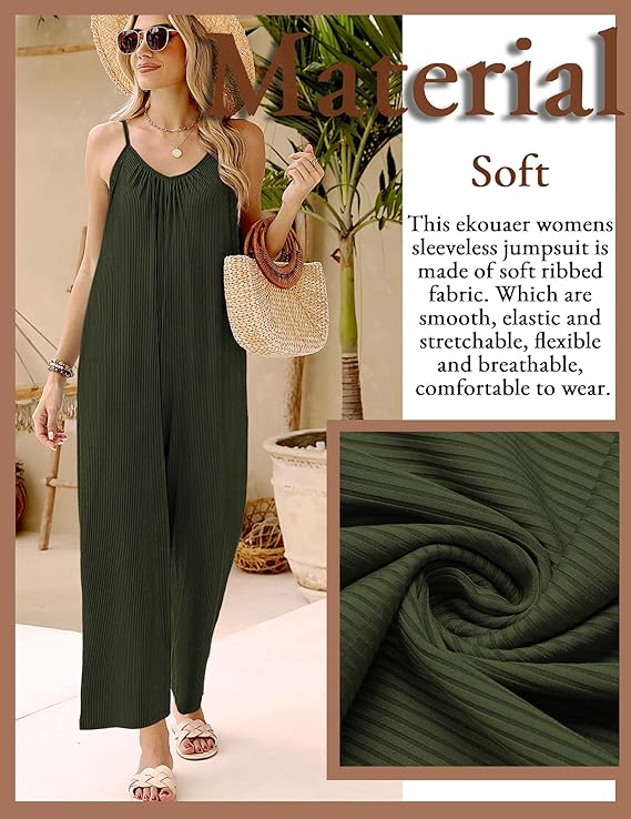 Ekouaer Sleeveless Womens Jumpsuits Ribbed Adjustable Spaghetti Strap Loose Long Pants Romper Jumpsuit