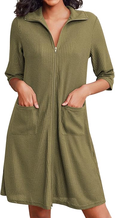 Ekouaer Zipper Robes for Women Waffle Knit Bathrobes Short Lightweight Knee Length Loungewear with Pockets