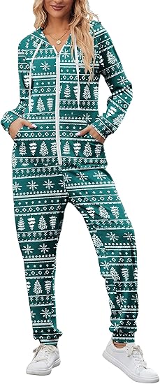 Ekouaer Christmas Onesies for Women Zipper Hooded Onesie Pajamas Adult Soft One Piece Pajama with Pockets