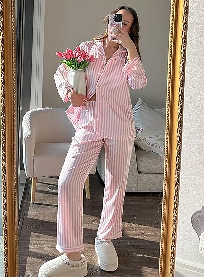 Ekouaer Silk Pajamas for Women Button Down Satin Pj Set Soft Long Sleeve 2 Piece Sleepwear Loungewear