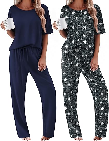 Ekouaer 2 Pack Womens Pajama Sets Short Sleeve Tops and Long Pants Casual Comfy Pjs Lounge Set with Pockets