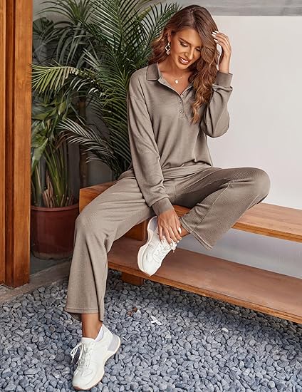 Ekouaer Womens 2 Piece Matching Lounge Sets Fall Outfits 2025 Sweatsuit Waffle Knit Pajamas Sets Long Sleeve Sweater Clothes