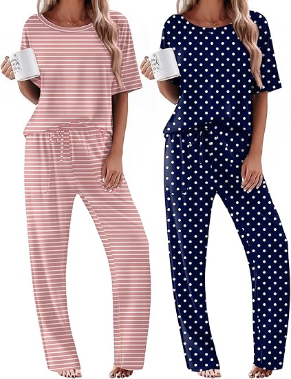 Ekouaer 2 Pack Womens Pajama Sets Short Sleeve Tops and Long Pants Casual Comfy Pjs Lounge Set with Pockets