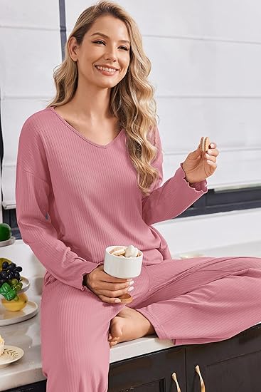 Ekouaer Womens Pajama Set Ribbed Knit PJs 2 Piece Lounge Set Long Sleeve Top and Pants Comfy Sleepwear with Pockets Red Purple M