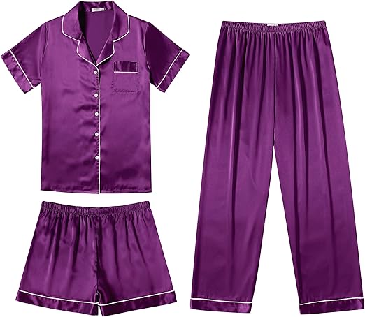 Ekouaer Silk Pajamas for Women Set Satin Pjs Soft Short Sleeve Button Down Sleepwear 3 Piece Loungewear
