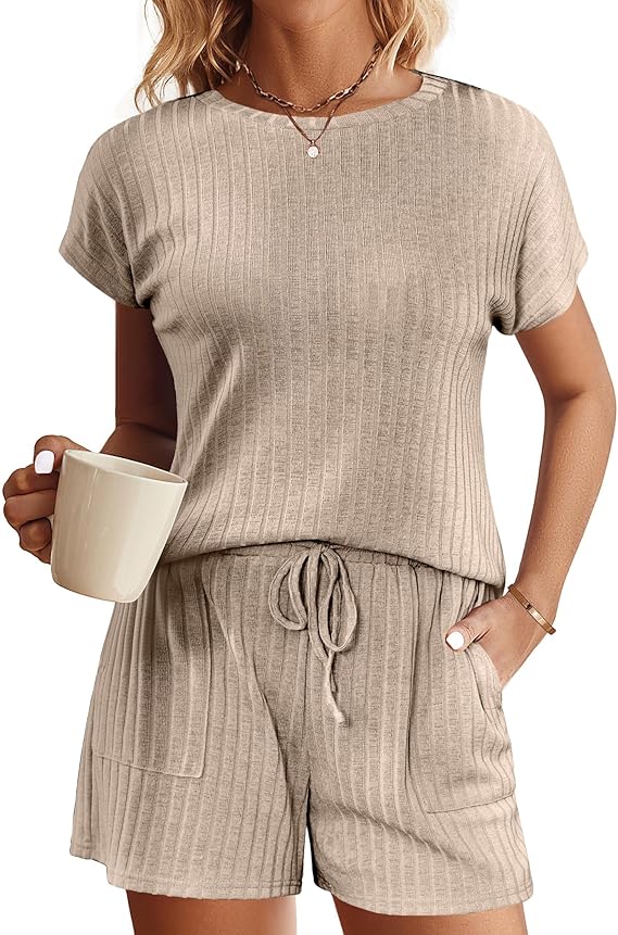Ekouaer Pajamas Set for Women 2 Piece Pjs Ribbed Knit Lounge Set Cap Sleeve Loungewear Sleepwear