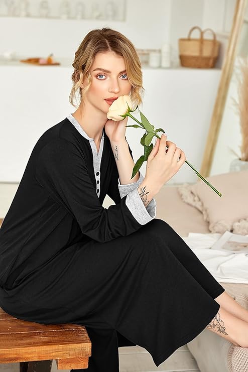 Ekouaer Womens Nightgown Long Loungewear V Neck Nightshirt Sleepwear Full Length Sleepshirt with Pockets