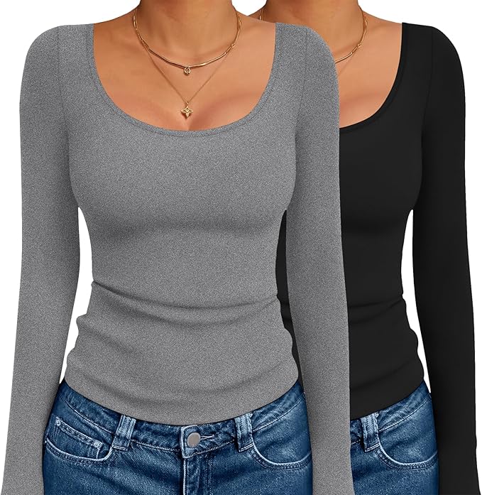 Ekouaer 2 Pack Long Sleeve Shirts for Womens Scoop Neck Tops Slim Fit Undershirts Basic Thermal Tee Shirt