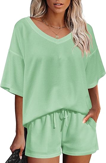 Ekouaer Womens 2 Piece Short Sleeve Waffle Knit V Neck Off Shoulder Casual Loose Fit Sweatsuit Outfits