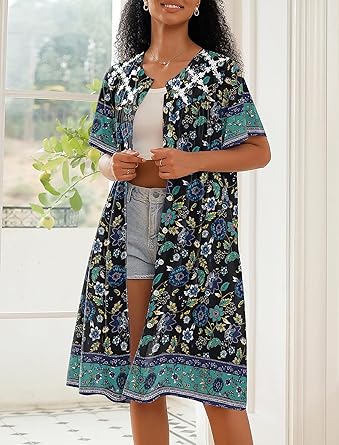 Ekouaer House Dress for Women Button Down Nightgown Short Sleeve Housecoat with pockets