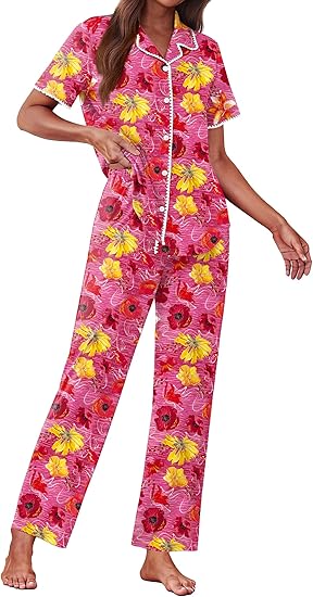 Ekouaer Women's Pajama Sets Button Down Loungewear Short Sleeve Sleepwear 2 Piece Pants Pjs Set with Pockets