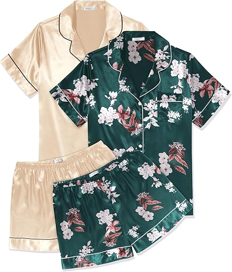 Ekouaer 2 Pack Pajama Sets for Women Silk Satin Pj Short Sleeve Button Down Sleepwear Top and Shorts Summer Lounge Set