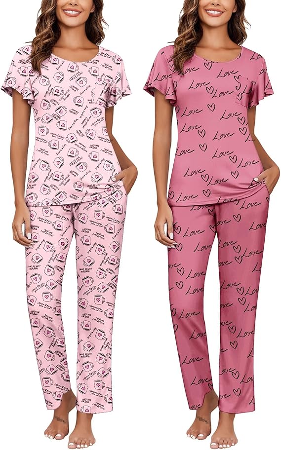 Ekouaer 2 Pack Womens Pajama Sets Short Sleeve with Long Pajama Pant Set Soft Sleepwear Printed Pj Lounge Sets with Pockets