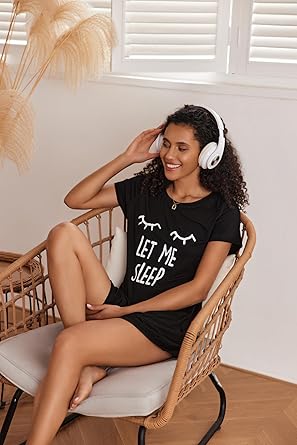 Ekouaer Womens Nightgown Short Sleeve Night Dress Printed Sleepwear Soft Sleep Shirt Black Sleep XL