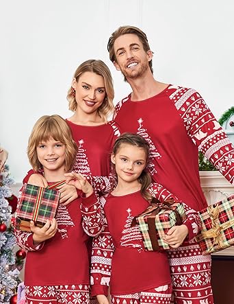 Ekouaer Christmas Pajamas for Family Long Sleeve Pjs Matching Sets with Plaid Pants Soft Sleepwear Loungewear
