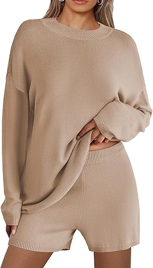 Ekouaer Pajamas Womens 2 Piece Lounge Set Cozy Knit Long Sleeve Sweater Shorts Set Oversized Matching Outfits
