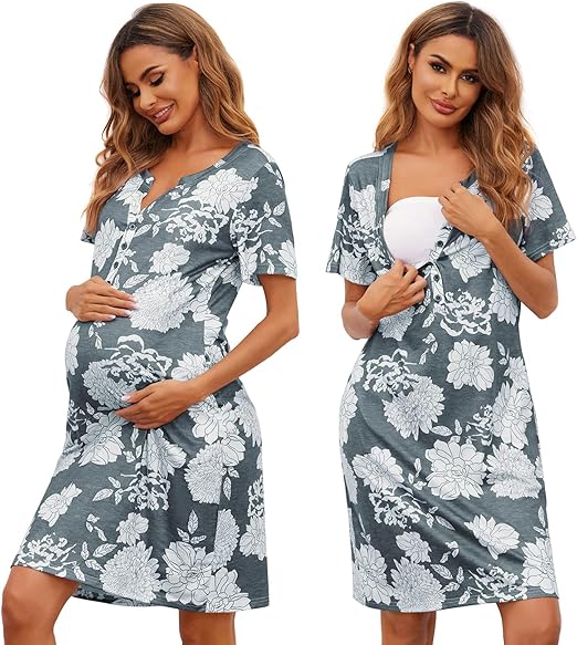 Ekouaer Nursing Nightgown Striped Women Short Sleeve Breastfeeding Sleep Dress Maternity Delivery/Labor Gown Floral Grey