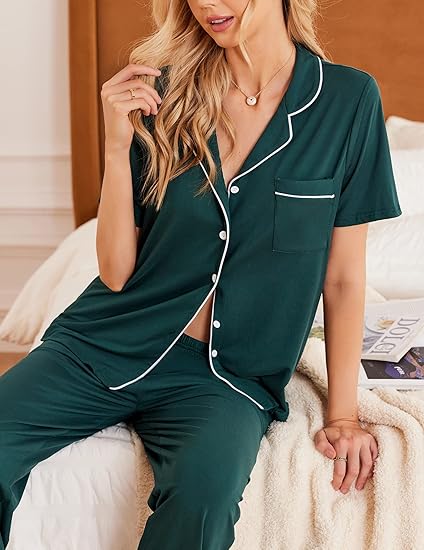 Ekouaer Women Pajamas Set Button Down Sleepwear Short Sleeve Nightwear with Long Pants Soft Pjs Set