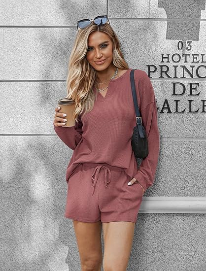 Ekouaer Pajama Set for Women Waffle Knit Lounge Sets Long Sleeve Top and Shorts Sleepwear Matching Loungewear