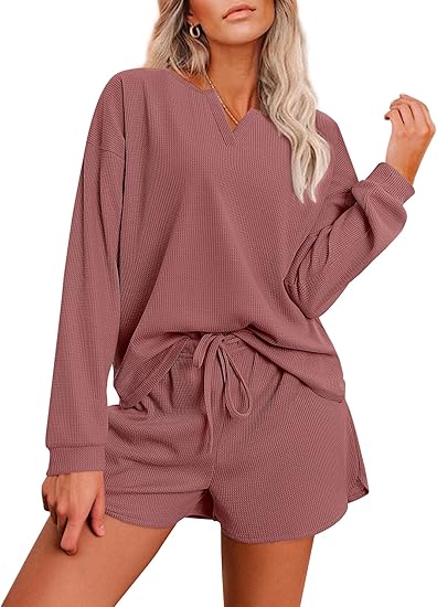 Ekouaer Pajama Set for Women Waffle Knit Lounge Sets Long Sleeve Top and Shorts Sleepwear Matching Loungewear