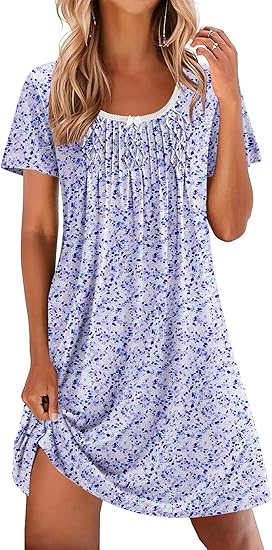 Ekouaer Nightgowns for Women Pleated Sleep Shirts Short Sleeve Night Shirts Lace Trim Night Gown Ladies Sleep Dress