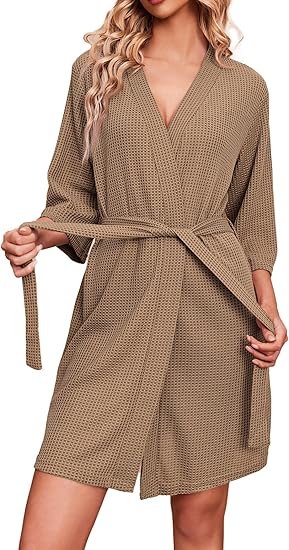 Ekouaer Robes for Women Waffle Knit Bathrobe Soft Lightweight Knee Length Loungewear