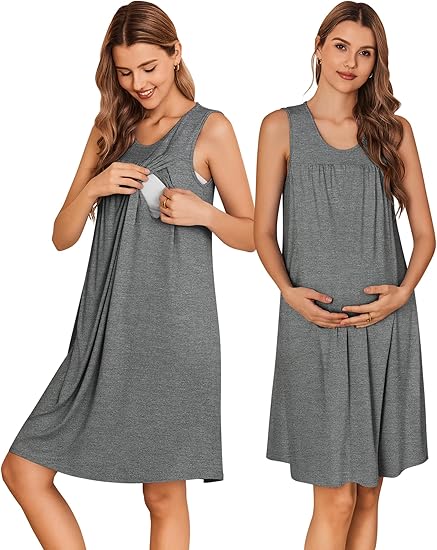 Ekouaer Maternity Nursing Dress Nightgown Labor and Delivery Gown Sleeveless Pregnancy Breastfeeding Dresses
