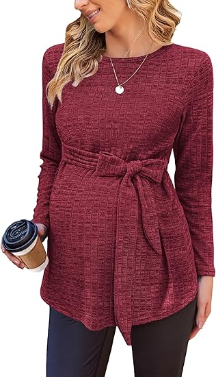 Ekouaer Women's Maternity Shirts Long Sleeve Pregnancy Tops Casual Ribbed Knit Winter Pregnant Blouses