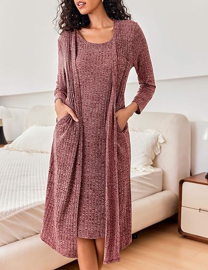 Ekouaer Womens Knit Robe Set 2 Piece Nightgown with Robes Long Sleeves Lounge Sets with Pockets