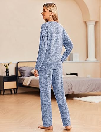 Ekouaer Pajama Set Womens Long Sleeve Sleepwear Pullover Top and Pants Cozy Loungewear Soft Pjs Lounge Set with Pockets