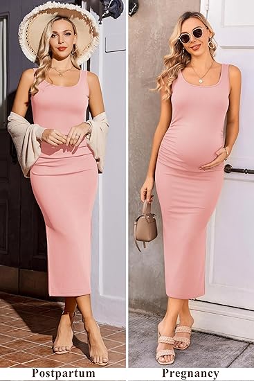 Ekouaer Women Tank Maternity Dress Sleeveless Ribbed Knit Pregnancy Dresses Round Neck Pregnant Loungewear