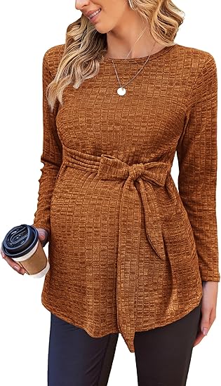Ekouaer Women's Maternity Shirts Long Sleeve Pregnancy Tops Casual Ribbed Knit Winter Pregnant Blouses