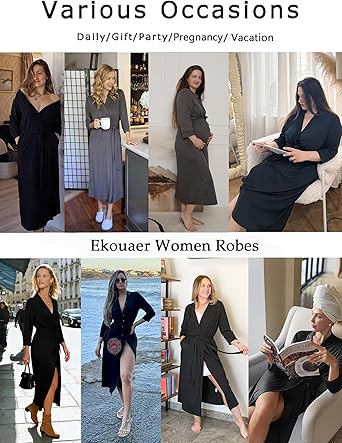 Ekouaer Women Robes Long Knit Bathrobe Lightweight Soft Robes Casual Ladies Loungewear with Pockets