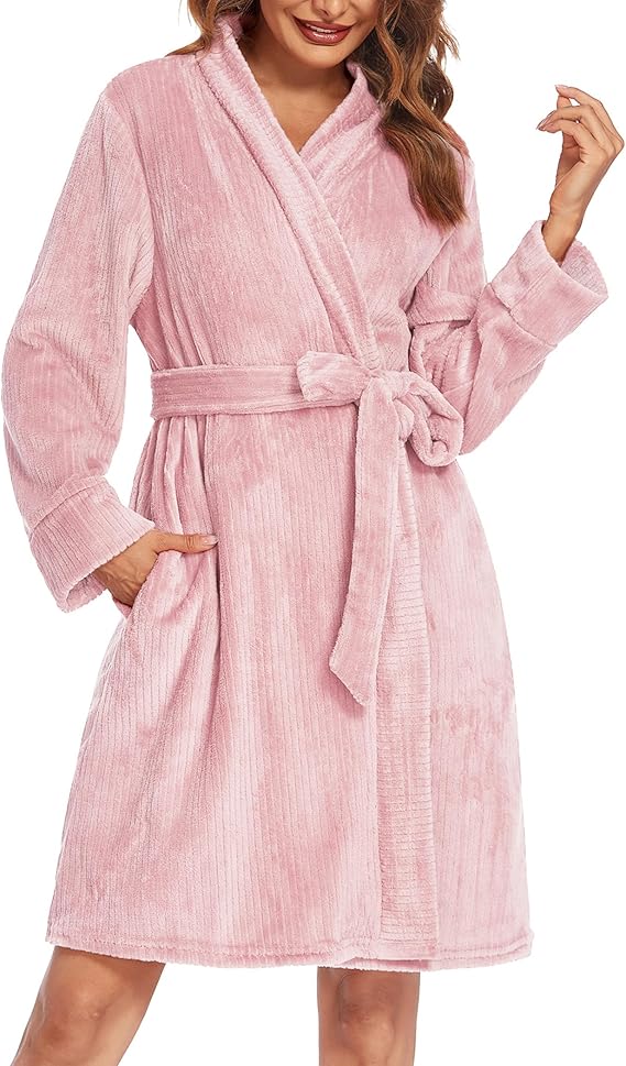 Ekouaer Women Fleece Bathrobe Plush Short Robe Long Sleeve Robe Attached Belt Soft Sleepwear Ladies Loungewear