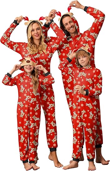 Ekouaer Christmas Onesie Matching Family Elk Antler Hooded Zipper One Piece Long Sleeve Pajamas with Pockets