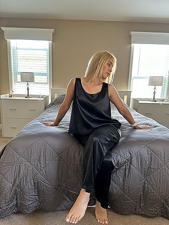 Ekouaer Womens Satin Pajamas Set Back Split Top and Long Pant Silk Pj Set Tank Sleepwear