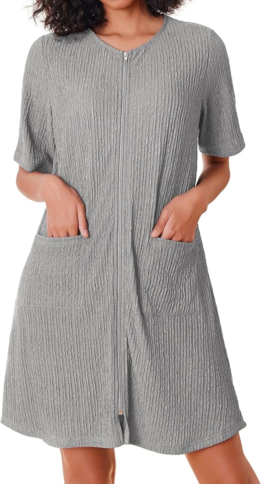 Ekouaer Women Zipper Robes Knit Short Bathrobe Lightweight House Coat with Pockets Soft Nightgown