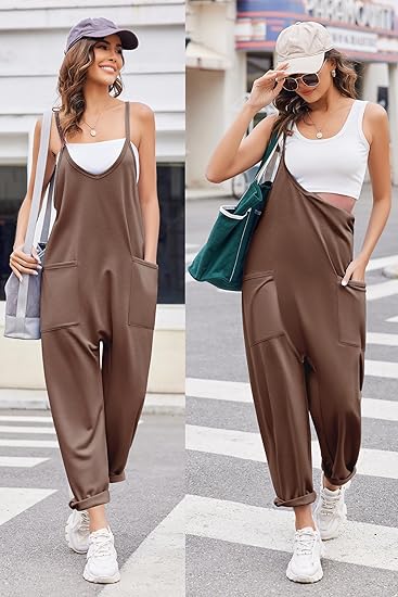 Ekouaer Womens Sleeveless Jumpsuit Loose Spaghetti Strap Baggy Overalls Jumpers Casual Long Pants Rompers with Pockets 2025