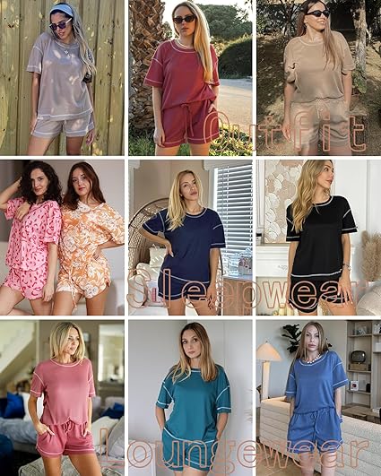 Ekouaer Women's Waffle Knit Two Piece Lounge Set, Soft Matching Outfits for Daily Wear, Casual Shorts Set with Pocket