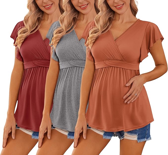Ekouaer Maternity Shirts 3 Packs Flying Short Sleeve Nursing Tops Pregnancy Clothes Caramel+grey+wine Red L