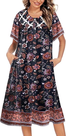 Ekouaer House Dress for Women Button Down Nightgown Short Sleeve Housecoat with pockets