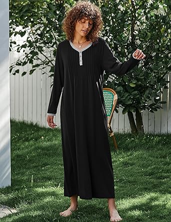 Ekouaer Women's Long Sleeve Nightgown Full Length Sleepwear Long Sleepshirts Henley Sleep Dress