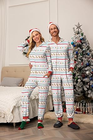Ekouaer Christmas Onesie Matching Family Elk Antler Hooded Zipper One Piece Long Sleeve Pajamas with Pockets